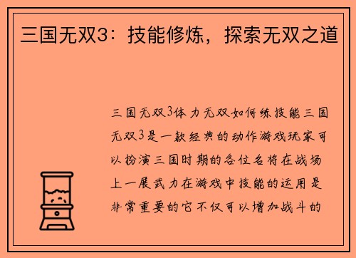 三国无双3：技能修炼，探索无双之道